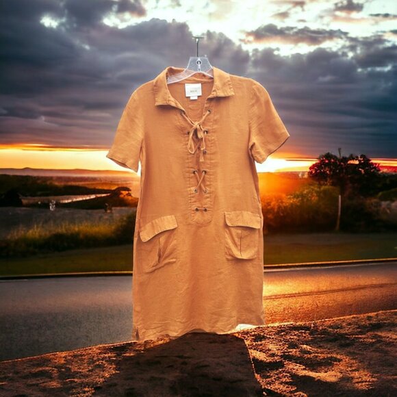Anthropologie Maeve Dress 100% Linen Lace Up Front Pockets Size 0 Fall - Picture 8 of 16